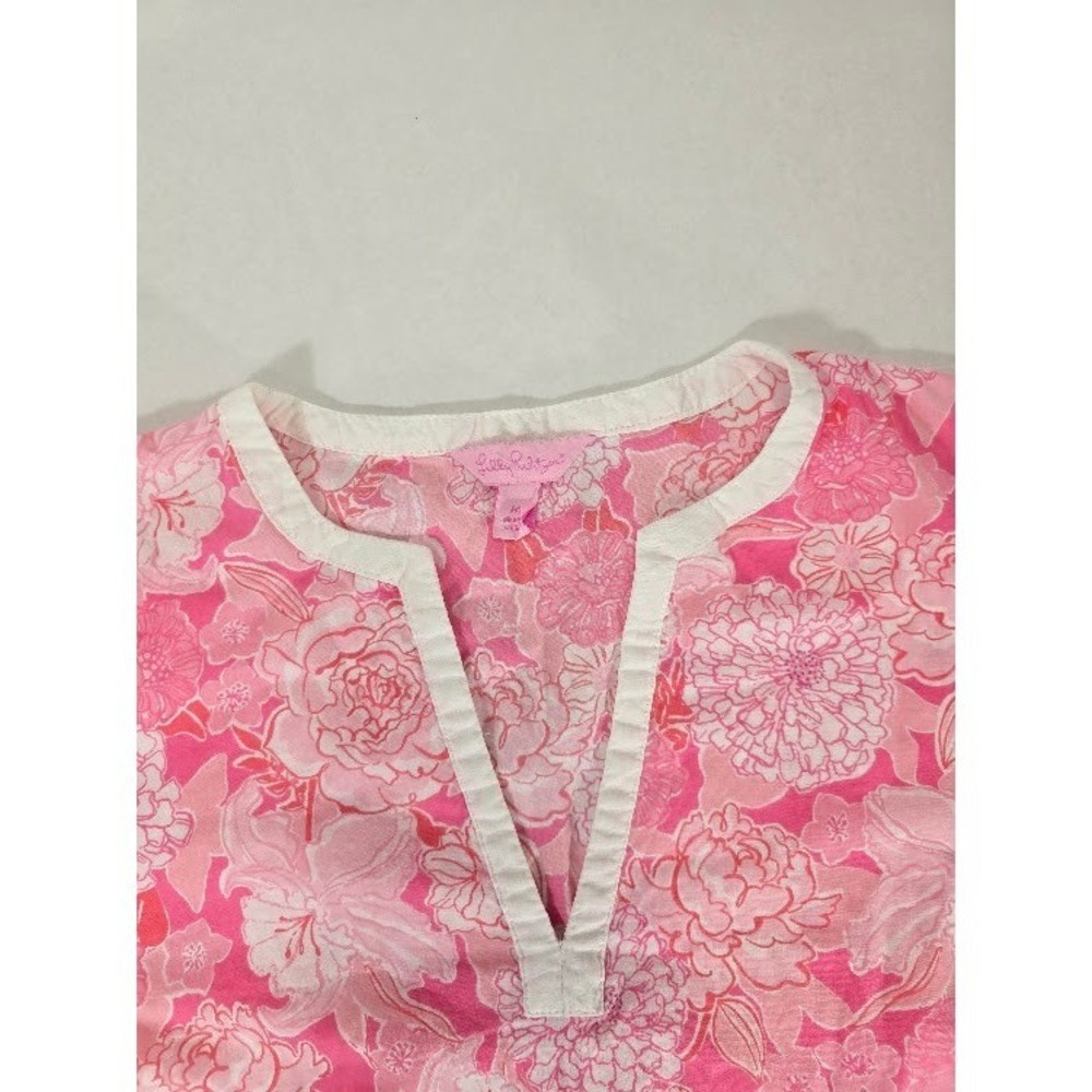Lilly Pulitzer Tunic Top Womens Medium Pink Floral Cotton 3/4 Sleeve Excellent
